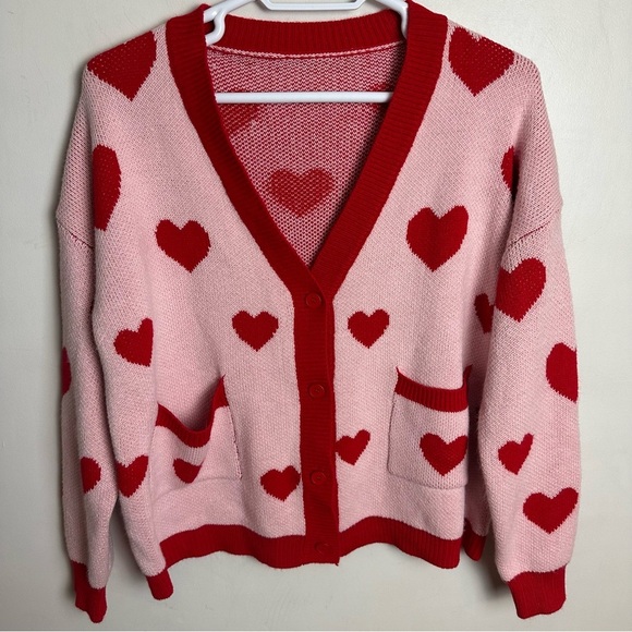 Heart Cardigan Women’s Size Large Oversized Valentine’s Holiday Pockets Pink - Picture 8 of 8